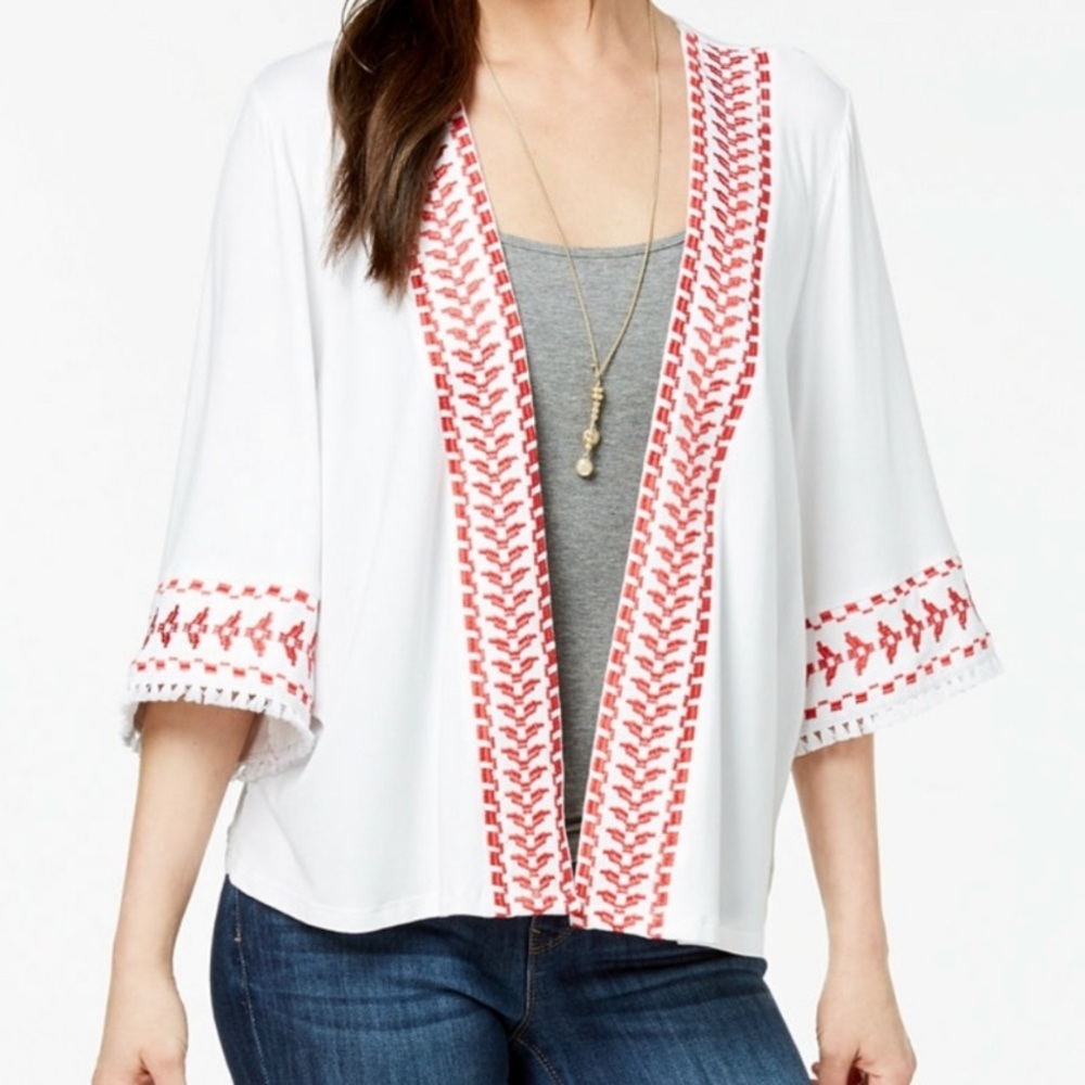 Style & Co | Embroidered Open Front Quartered Sleeve Fringe Cropped Boho Kimono